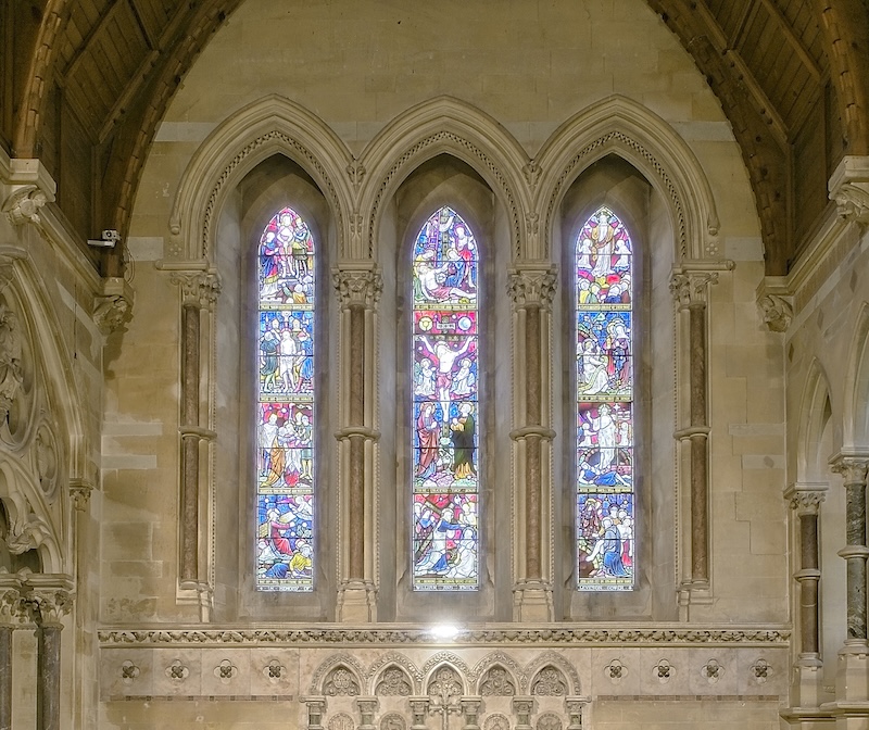 Stained glass windows at St James's Church Titsey.
